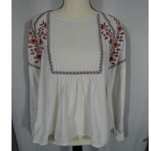 Rebellion Long Sleeved Peasant Blouse Embroidery Pleated Front Boho Hippie
